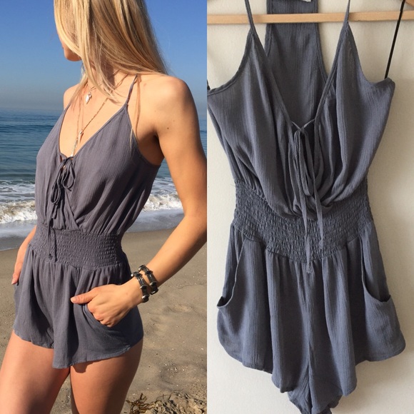 bear dance Pants - Romper grey smocked pocket romper, festival romper